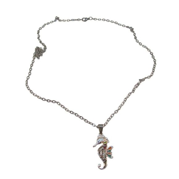 Silver Tone Enamel Seahorse Pendant Necklace - Picture 2 of 12